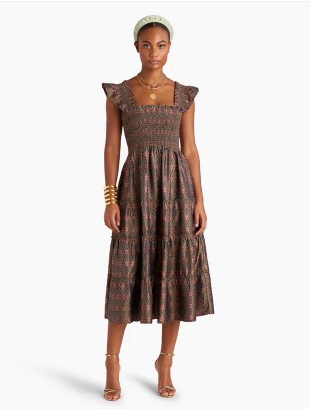 Hill House Brown Geo Smocked Midi Dress with Flutter Sleeves